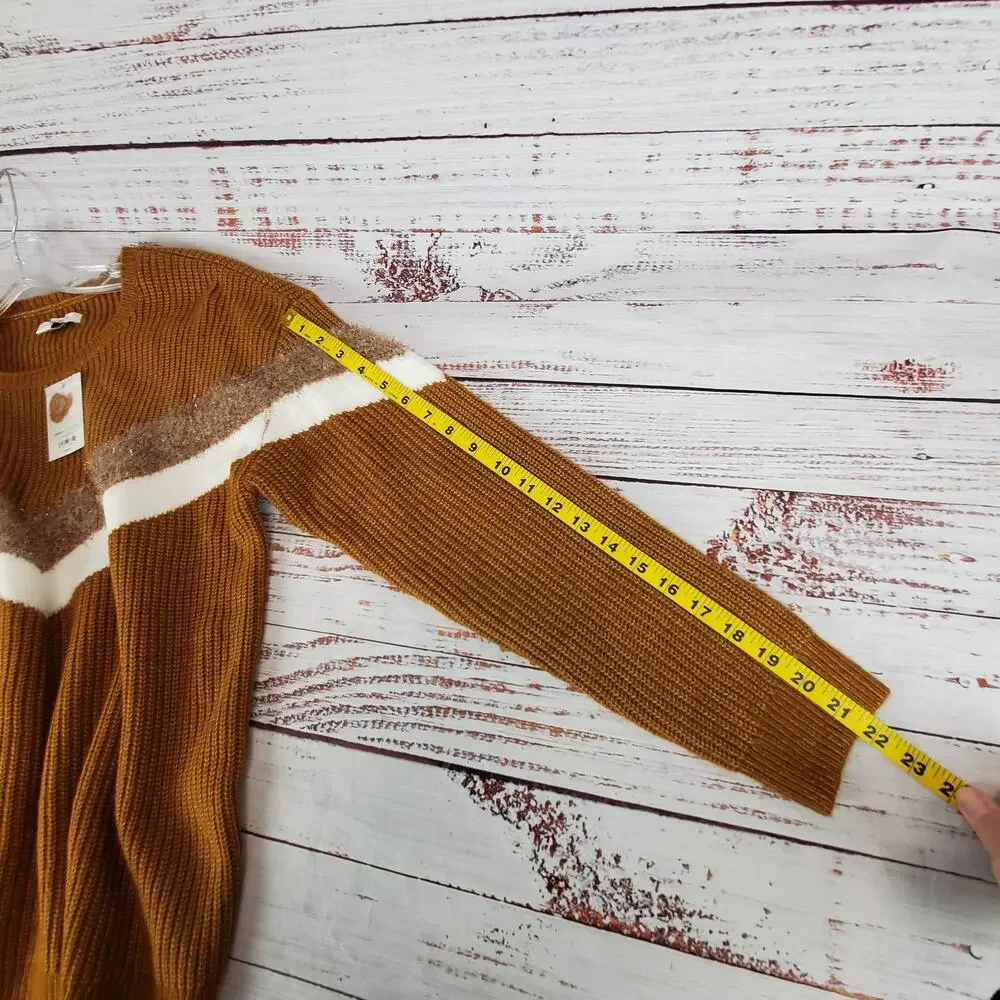 Nine West Women's Brown White Cable Knit Sweater Size L Chevron Colorblock NWT